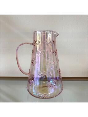 BellaLux Embossed Bow PINK Luster Glass Pitcher 9.25in Chic Barware NEW